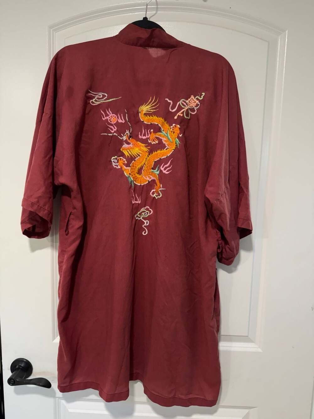 Vintage Dragon Embroidered Kimono Robe Burgundy Duster Women’s XL